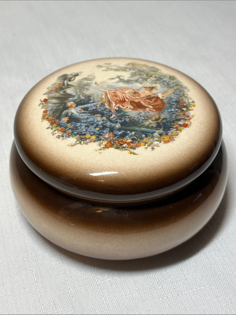Vintage Style Brown Porcelain Trinket Box with Romantic Scene